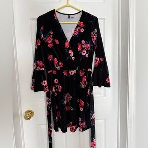 Divided Black Velvet Dress with Red Floral Pattern